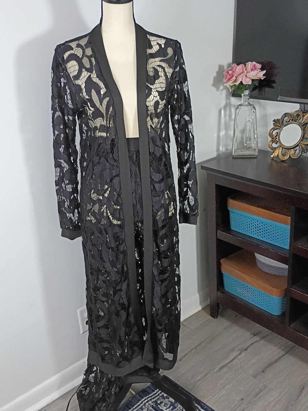 See-Thru Black Lace Long Duster And Matching Pants 2- Piece Set